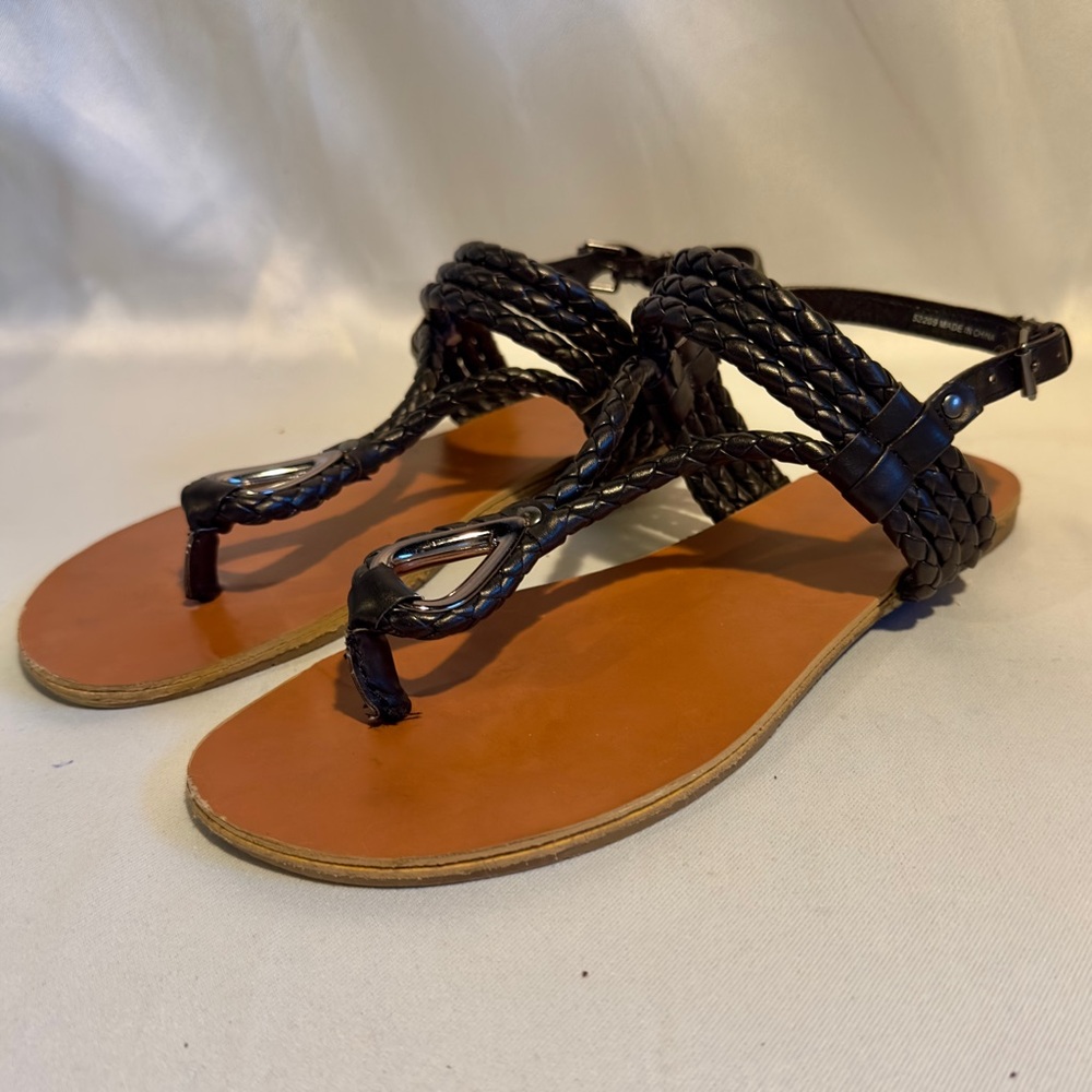 Black Braided Vegan Flat Sandals Silver Accent Toe Post Buckle Heel Strap